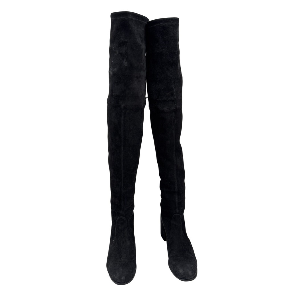 $950 Stuart Weitzman Tieland Black Stretch Suede Over Knee Block Heel Boots 9
